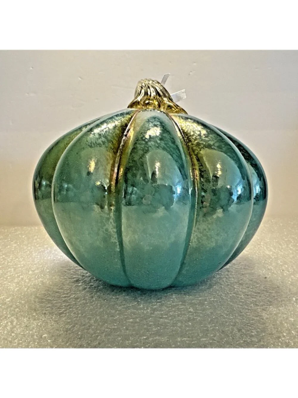 Mikasa Blown Glass Pumpkin Aqua Blue Gold Curly Stem 6.5
